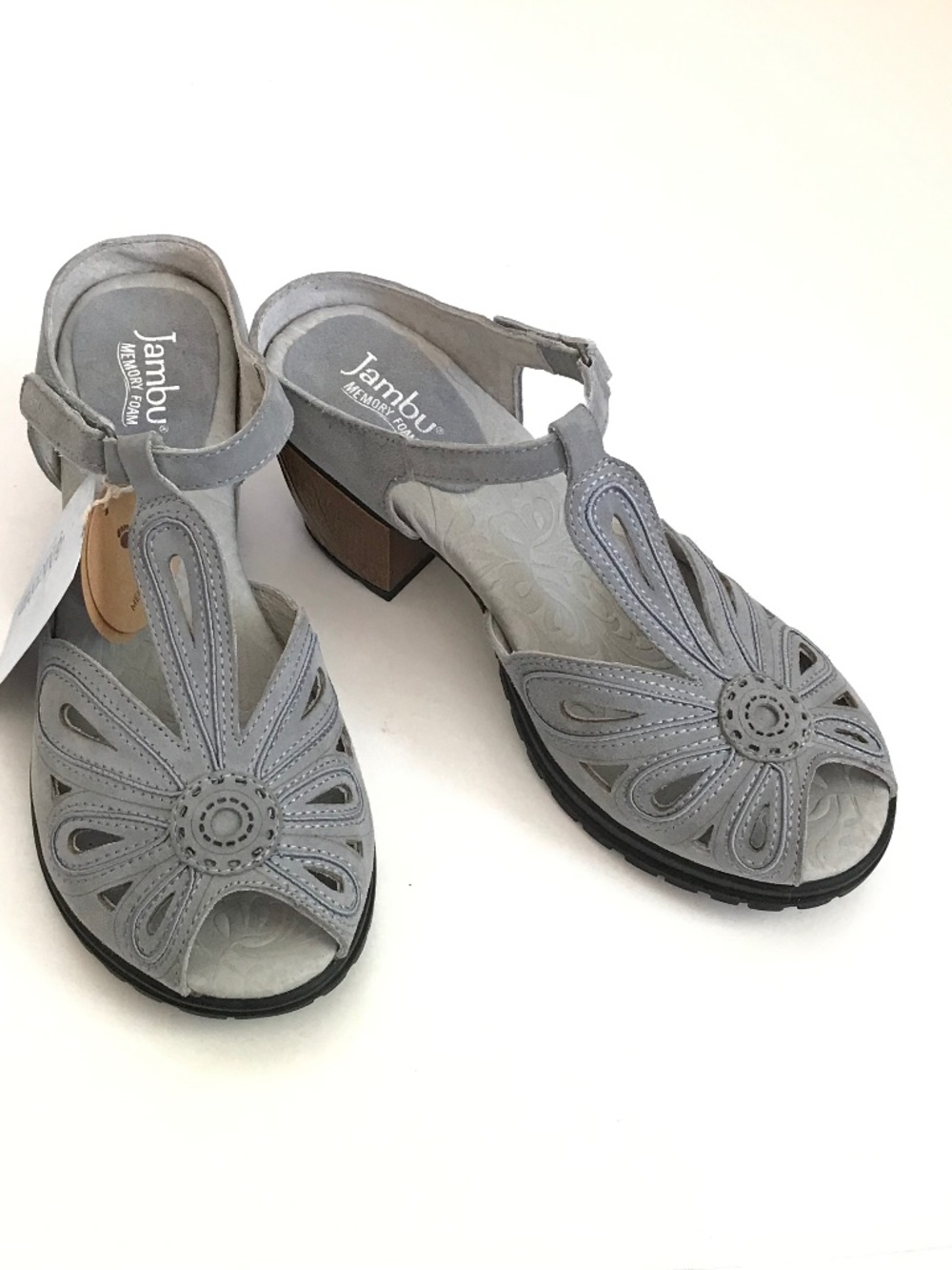 JAMBU T-Strap Peep Toe Leather Heeled Sandals Blue Sahara Women’s Size 6